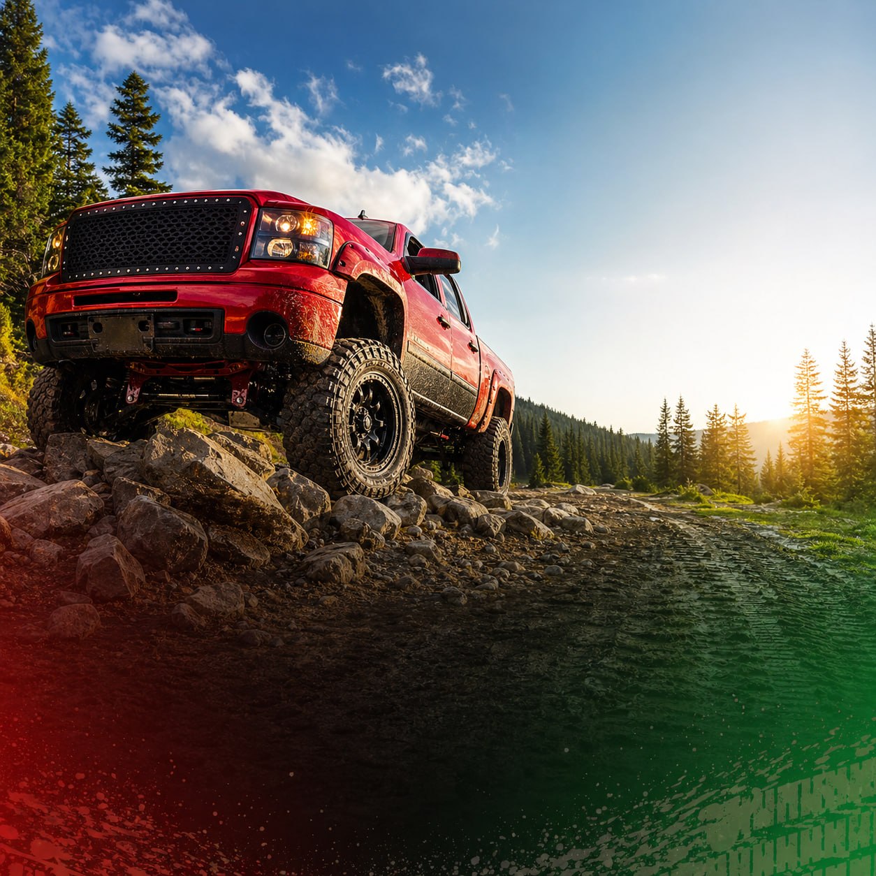 Red lifted off-road truck on rocky terrain